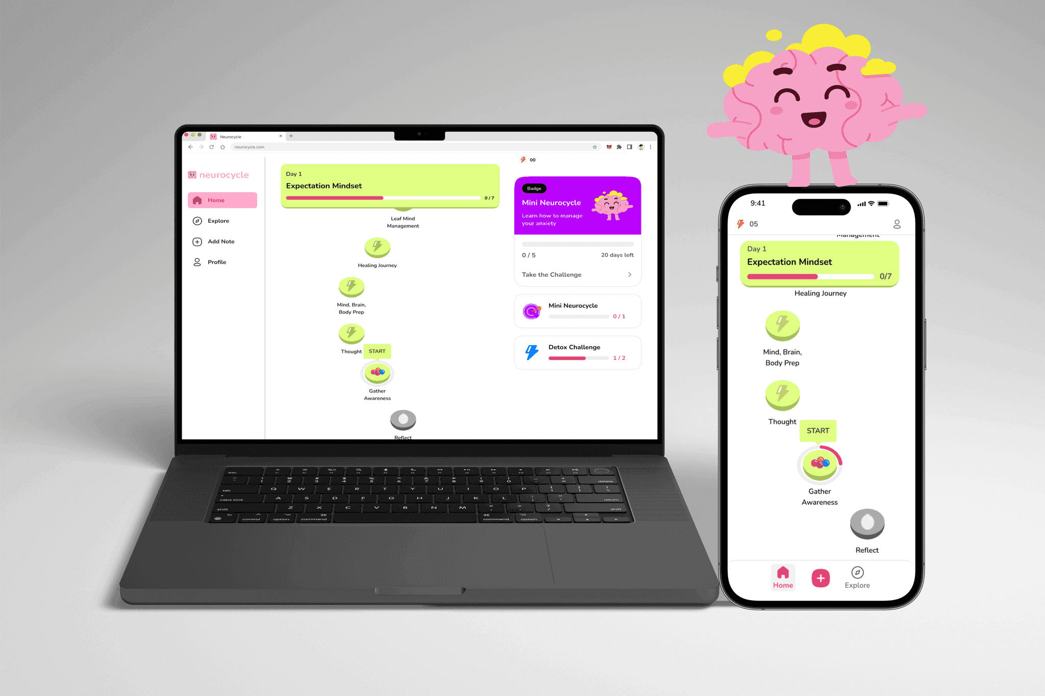 Neurocycle Day 1 home on a MacBook and iPhone, with the pink Brain-Ee character